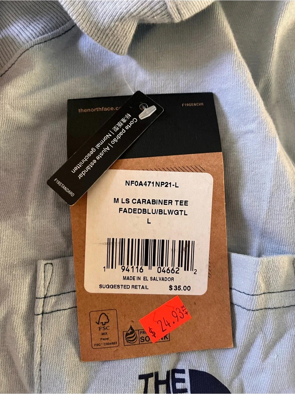 The North Face Men’s Long-Sleeve Pocket Tee with Carabiner graphic- Light Blue